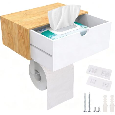 Porte Papier Toilette Mural avec Lingettes Tiroir, Derouleur Support Papier Toilette Mural Sans Perçage en Bambou et Inox, Toilet Paper Holder Adhesif avec Boîte pour Salle de Bain, Nature (1/5)