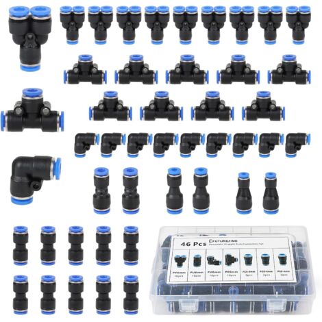 46 Pièces Raccord Rapide Pneumatique 6mm Connecteur de Tuyau d'Air, avec 10 Raccords Droits, 10 à Angle, 10 en Y, 10 en T et 6 Réducteurs Chacun (2 pièces de Chaque: 4-6, 4-8 et 6-8) (1/5)