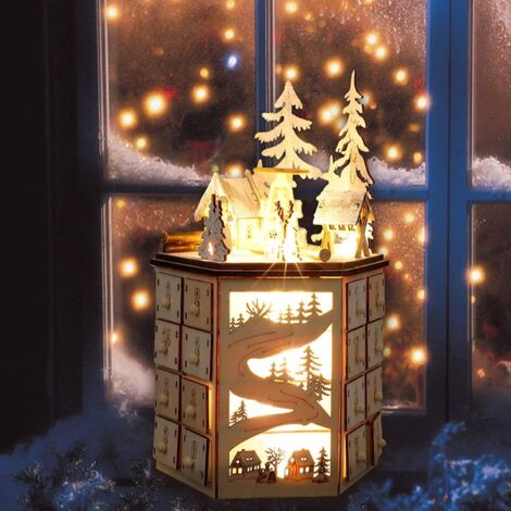 Calendrier de noël rotatif à LED créatif, compte à rebours de 24, calendrier de tiroir pour la maison, ornements de noël en bois (1/5)