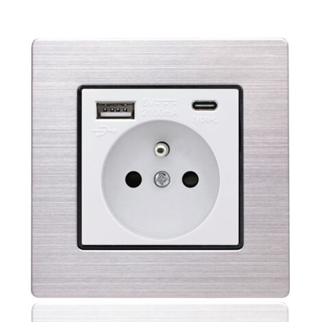 Elle – Panneau de prises type 86 avec 2 prises 16A – 1 port USB et 1 port type-C – Acier inoxydable blanc – Installation horizontale/verticale