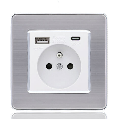 Elle – Panneau de prises 2 trous Type 86 – 1 port USB – 1 port Type-C – Acier inoxydable blanc – 16A – Installation horizontale/verticale