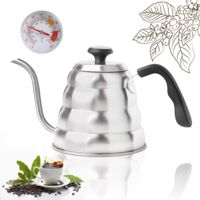 Bouilloire Col de Cygne Inox Gaz, Theiere 1.2 L avce Thermomètre, Gooseneck Kettle pour Gaz, Induction avce Poignée Résistante à la Chaleur, Argent Brossé
