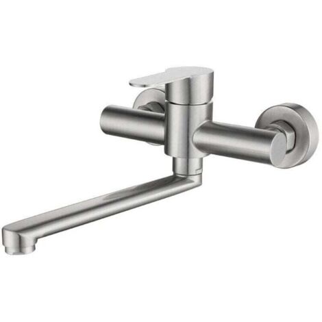 Wall-Mounted Kitchen Faucet, Stainless Steel Wall-Mounted Kitchen Mixer Tap, 360° Swivel for Kitchen Sink, Adjustable Hot and Cold Water, Adjustable Mounting Holes, Brushed Finish (1/4)
