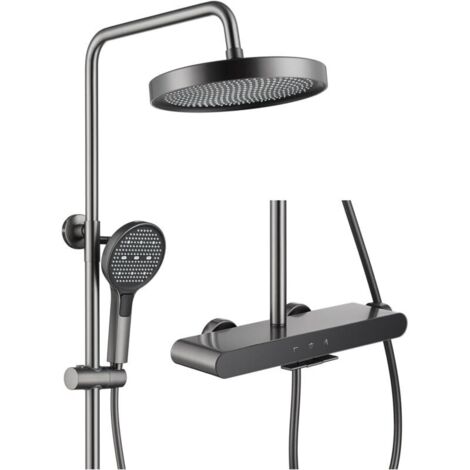 3-Function Shower Column Set, Grey Wall-Mounted Shower System Kit with Round Shower Head, 3-Mode Shower Head, and Waterfall Bath Spout