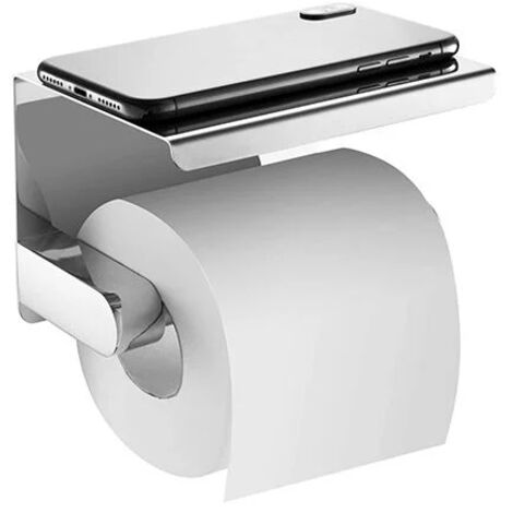 Toilet Paper Holder, Wall Mounted Toilet Paper Holder No Drilling 304 Stainless Steel Toilet Paper Holder with Shelf for Bathroom, Silver (1/4)