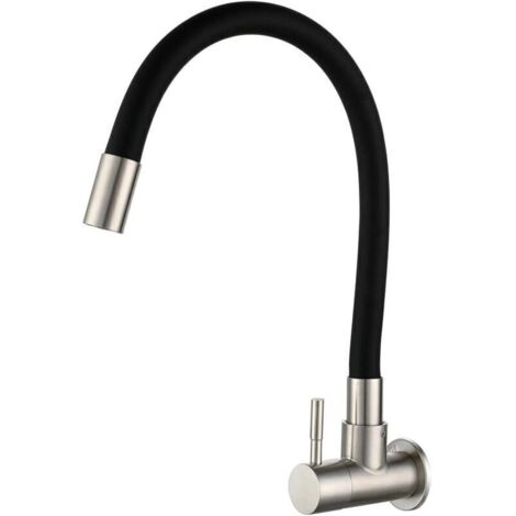 Black wall-mounted kitchen faucet, sink mixer tap, cold water tap, 360° swivel, with flexible silicone hose