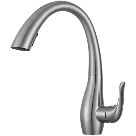 Pull Out Kitchen Faucet, Single Handle Sink Faucet, Brushed Stainless Steel Faucet, 360 Degree Rotatable Hot and Cold Faucet, Silver (1/5)