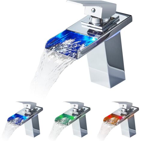 Waterfall Faucet, RGB 3 Color Changing with Temperature Sensor, 304 Stainless Steel Lighting, Hot and Cold Basin Mixer Tap, Chrome