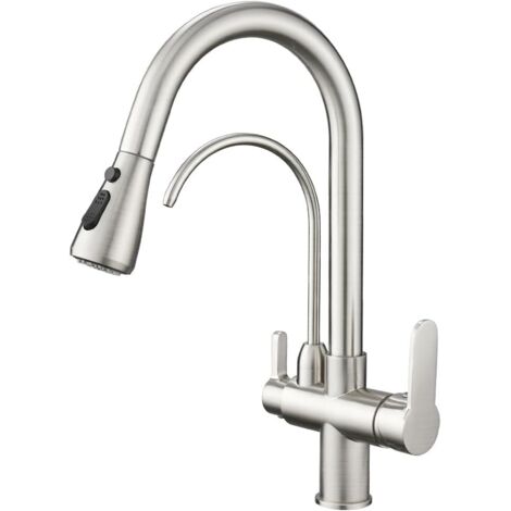 Kitchen faucet with water filter and pull-down sprayer, kitchen sink faucet, 3 functions, waterless filtration, brushed (1/5)