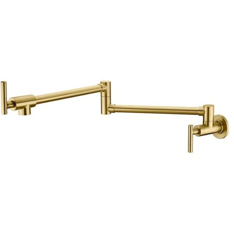 Wall mounted faucet in heavy duty stainless steel with double telescopic joint, folding rocker arm and 2 handles, brushed gold (1/5)