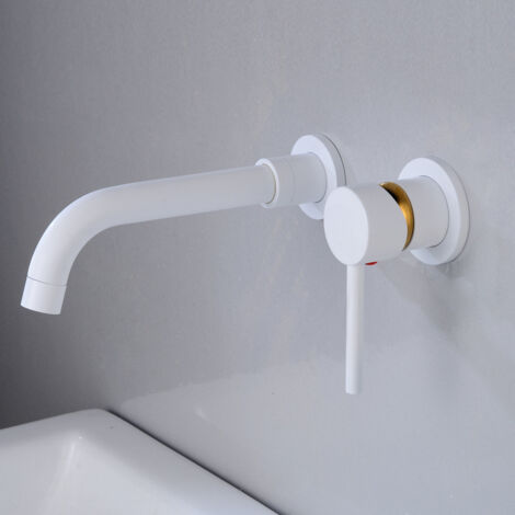 Wall Mounted Basin Faucet, High Quality Brass Wall Mounted Mixer Tap, Concealed Bathroom Faucet, 360° Rotating Hot and Cold Faucet, White