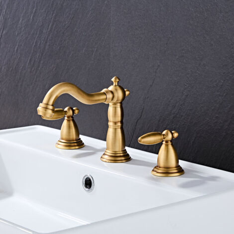 European Antique Gold Brushed Brass Bathroom Faucet, Double Handle Hot and Cold Water Tap, Retro Faucet with Hose