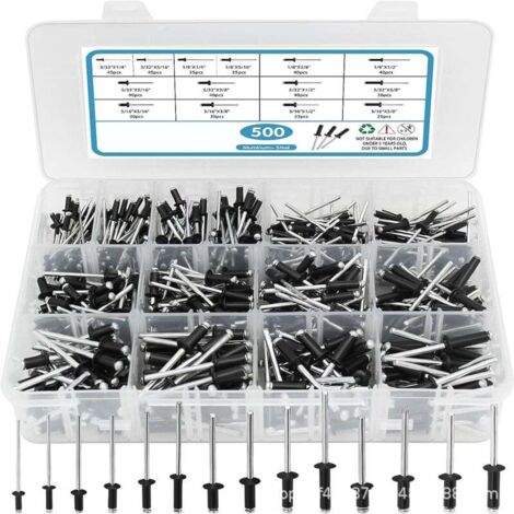 Assortment of 500 black blind rivets, 14 sizes of aluminum rivets (3/32", 1/8", 5/32", 3/16"), blind rivet set for metal with reinforced divider and labeled case. (1/4)