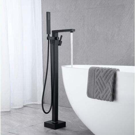 SJQKA Bathtub Faucet with Hand Shower, Waterfall Bathtub Faucet, Freestanding Floorstanding Bathtub Mixer with Handle, Black (Inground Installation)