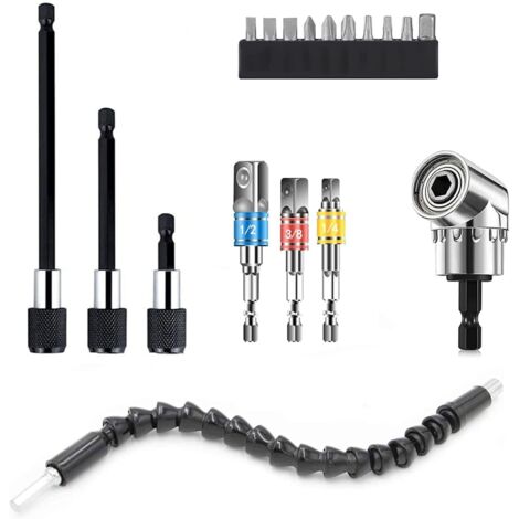 Drill Bit Extension, Hex Shank, 105° Right Angle Drill Attachment, Universal Socket Wrench Tool Set, Universal Socket Adapter Set 1/4 3/8 1/2", 3 Drill Bit Holders, screwdriver bit set (1/5)