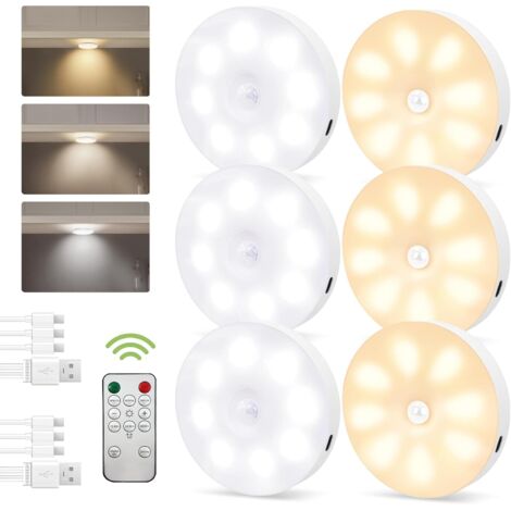 Puck Light with Motion Sensor and Remote Control, Wireless Rechargeable Under Cabinet Light, Magnetic LED, Dimmable and Timer, 3 Colors/6 Pack