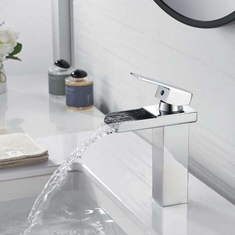 Chrome Waterfall Bathroom Faucet Modern Square Brass Basin Mixer Tap Widespread Bathroom Sink Faucet Silver Hand Wash Faucet, Hot and Cold Water, G3/8