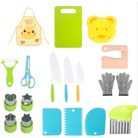 19 Piece Kitchen Knives Set for Kids, Safety Knife Set for Cutting Fruits or Vegetables, Serrated Knives, Cutting Boards and Other Kitchen Accessories