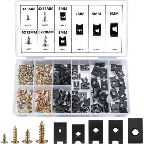Assortment of 180 automotive U-clip screws and nuts, including 90 fender body screws and 90 vehicle door body U-clip fastening nuts (1/5)