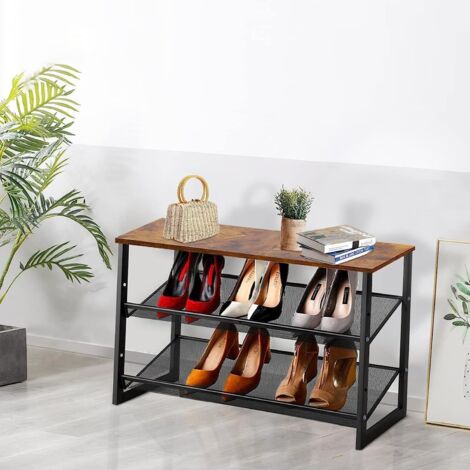 Shoe Rack, 2-Tier Shoe Cabinet, Shoe Rack, Flat or Slanted, Storage Shelf for Entryway, Living Room, Bedroom, Hallway, Metal Frame, Brown and Black (1/4)