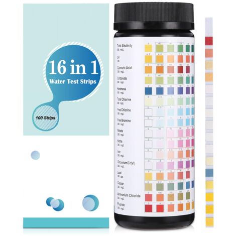 16 in 1 Pool and Spa Test Strip, 100 Pool PH Tester, Swimming Pool Test Strip, Swimming Pool Tester for Testing Hardness, Total Alkalinity, Free Chlorine, Bromine, pH and More (1/5)