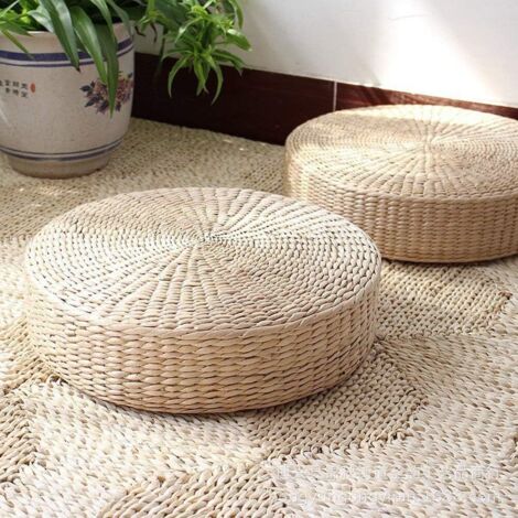 Set of 2 Large Round Floor Cushions, Straw Floor Mats for Outdoor Seating (Diameter: 19.7)