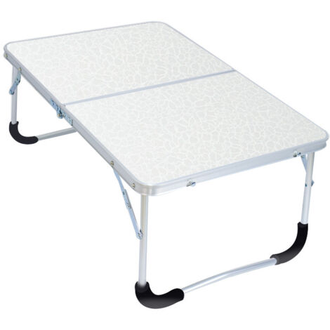 Folding camping table with metal frame, wooden top and safety lock, white mesh, 62 x 42 x 28 cm (1/5)