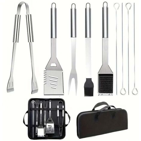 9-Piece Stainless Steel BBQ Utensil Set with Carry Bag, Shovel, Wire Brush, Tongs and Fork, Outdoor Cooking and Camping Accessories (1/4)