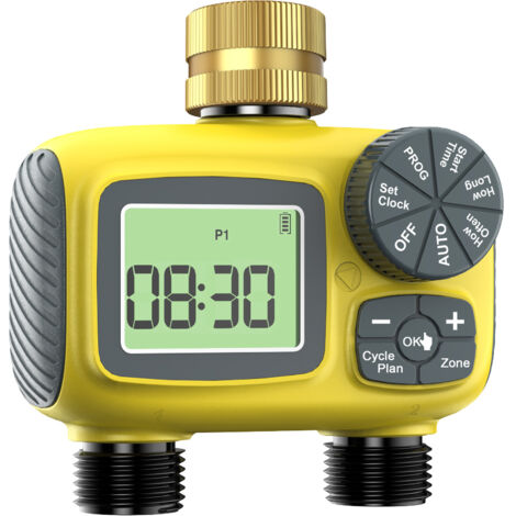 Automatic watering timer with 2 outlets, timed irrigation hose with brass inlet, automatic garden watering, digital irrigation system with timer, IP55 waterproof. (1/5)