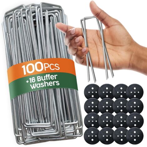 100 Garden Stakes + 16 Washers - Hard Ground Stakes, Garden Staples - Tomato Anchor Stake - Mulch and Artificial Turf Staples (1/5)