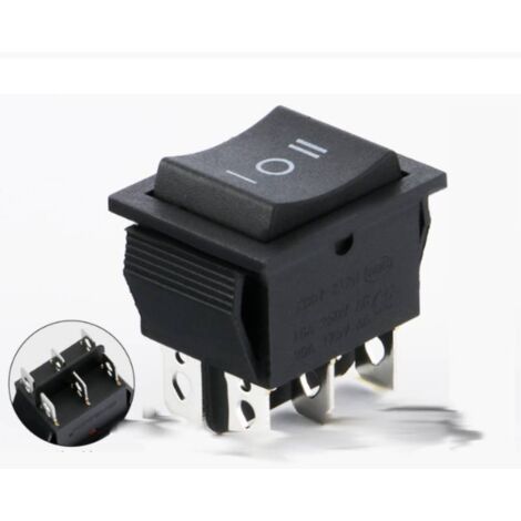 ON/OFF/ON Rocker Switch, DPDT, 6 Pins, 6 Terminals, 16A, 250VAC, Black