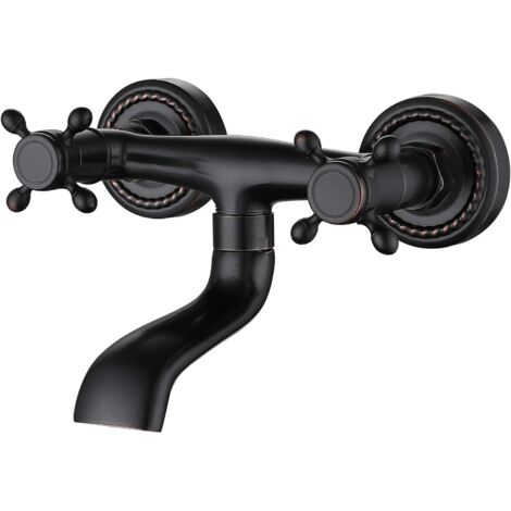 SJQKA European Style All Copper Black Bathtub Faucet Wall Mounted Bathroom Faucet Hot and Cold Double-Handle Bathtub Faucet (1/5)