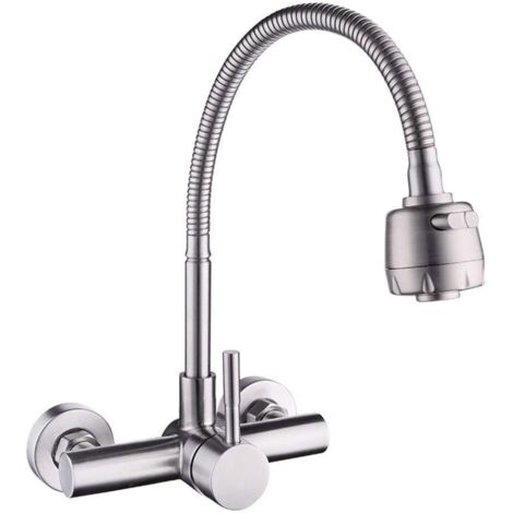 360 Swivel Chrome Brass Kitchen 2 Handles Stainless Steel Stream Spout Kitchen Sink Tap Hot & Cold Water Mixer Tap, Stainless - View #5
