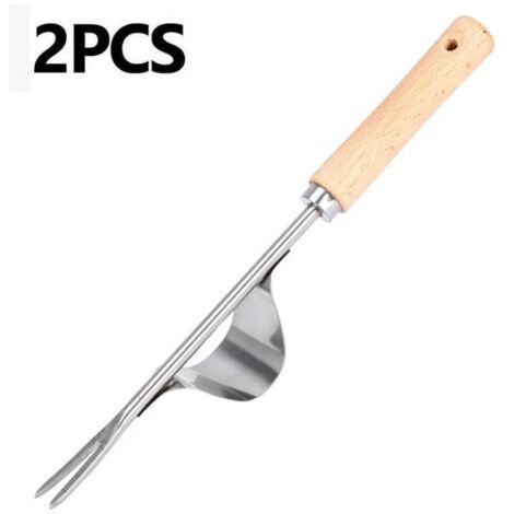Root puller tool for easy removal of deep roots, stainless steel with wooden handle, for digging and weeding by hand (2 pieces) (1/4)