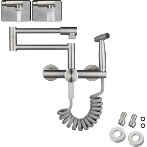 SJQKA Kitchen Faucet Wall Mount Food Grade 304 Stainless Steel Wire Drawing with Spray Gun and 2 Water Spray Types Sink 360° Swivel Wall Mounted Mixer Taps (13CM-17CM)
