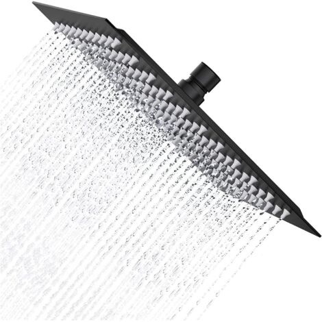 Black, square shower head, 40 cm, made of limescale-resistant stainless steel A2 V2A, 1/2" universal thread, 360° rotation (1/5)