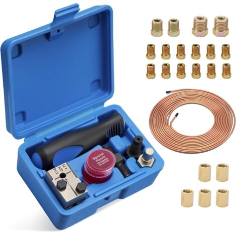 Double crimping tool for DIN brake lines, 4.75 mm (3/16"), crimping tool set for brake lines, 7.62 m brake line with 4.75 mm diameter, 16 fittings + 5 connectors
