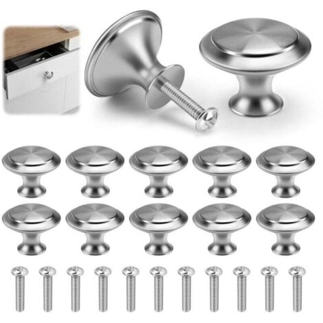 Set of 12 cabinet knobs, 30 mm round stainless steel drawer and door knobs with screws for modern kitchens, mushroom-shaped furniture handles (silver) (1/4)