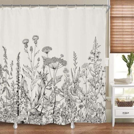 Shower curtain with wildflower motif, botanical plants, herbs, tulips, wildflowers, leaves, sketch, waterproof material, 183 x 183 cm, polyester, bathroom decoration, 12 hooks included