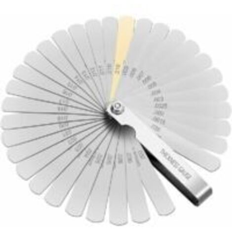 32-blade feeler gauge set, stainless steel feeler gauge with dual metric/imperial display for measuring gap width or thickness.