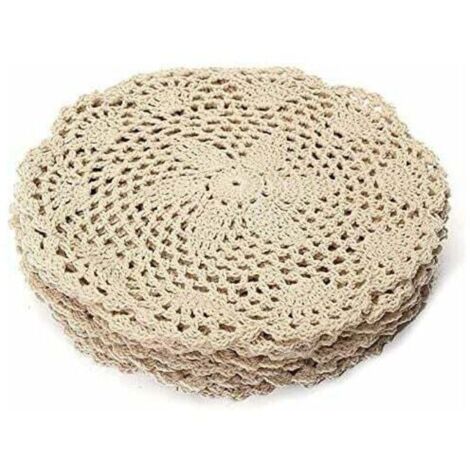 Set of 10 round vintage cotton placemats, handmade with crochet lace – table decoration (1/5)