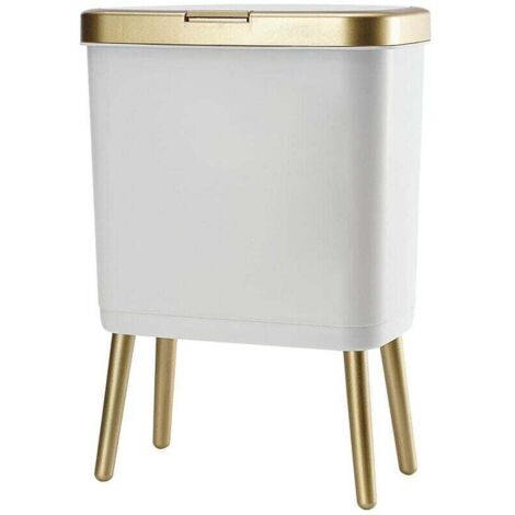 Bathroom trash can with lid, plastic trash can with lid, 4-gallon gold trash can with push button, slim white trash can for bedroom and bathroom