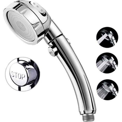 High-pressure shower head, 3-position hand shower with on/off switch and flow regulator, water-saving, angled body jets