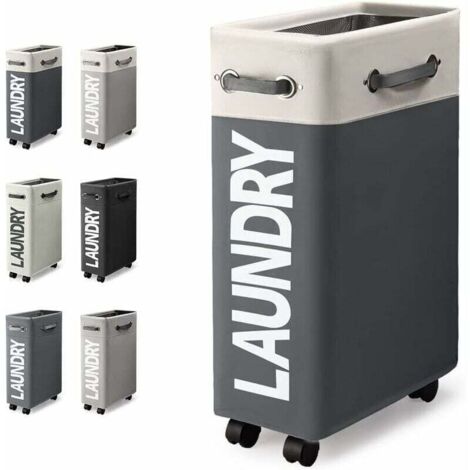 Narrow, foldable laundry basket with 4 wheels, rectangular, 45 liters, for storing household clothes (white and dark grey)