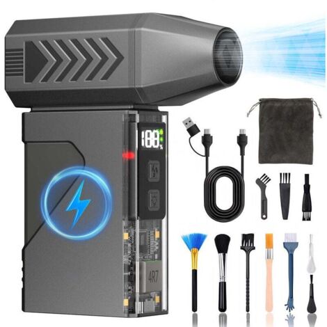Battery-powered fan with 180,000 RPM, ideal for keyboards, PCs, car interiors and snow removal – including external 10,000 mAh battery and LED light. (1/5)