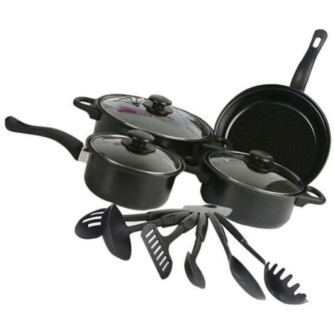 13-piece non-stick cookware set, induction-compatible, with frying pans, saucepan and stockpot, black
