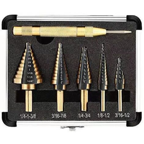 5-piece step drill bit set with automatic center punch and twist drill bit – double slotted conical cut, titanium coating (1/4)