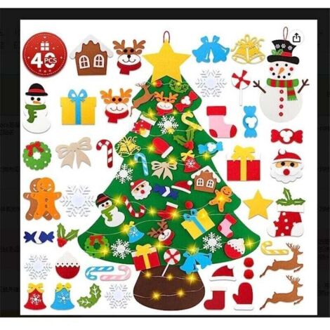 110 cm tall Montessori Christmas tree made of felt with LED lighting, Advent calendar with 40 removable ornaments and snowman (1/2)