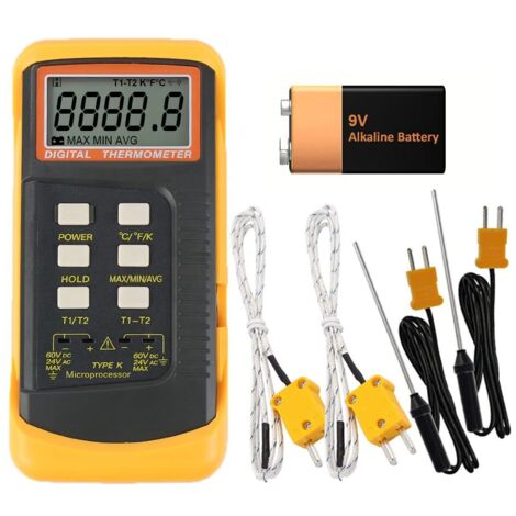 Digital thermometer type K, 2 channels with 4 thermocouple probes, measuring range -50 to 1370 °C (-58 to 2498 °F), portable temperature measurement, switchable to Kelvin. (1/5)