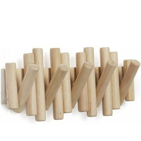 Wall-mounted coat rack with 5 hooks, made of natural wood, 37.1 x 16.5 x 4.4 cm (1/5)